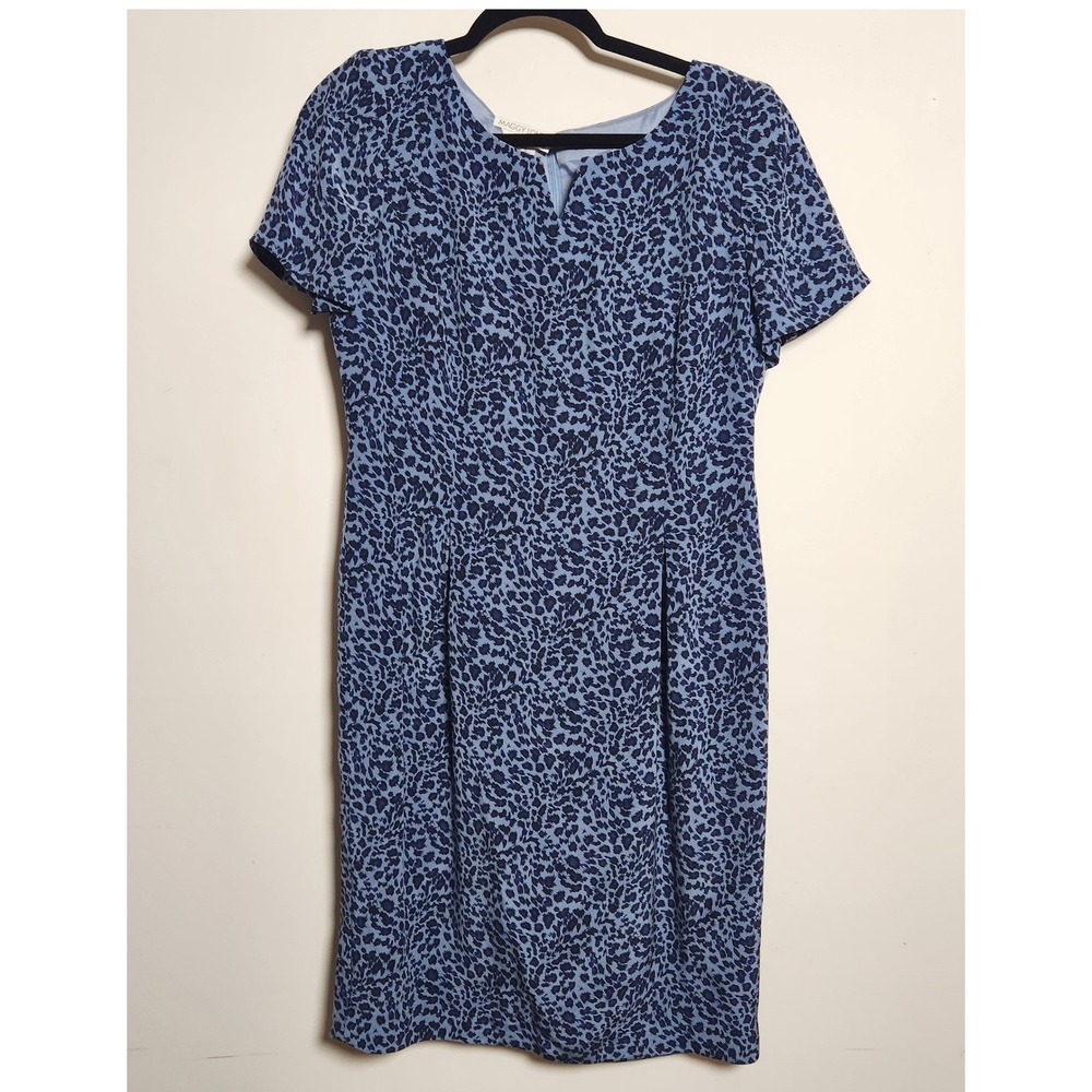 Vtg Maggy London 100% Silk Leopard Print Shift Dress Sz 8 Blue Pleated Notch V